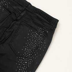 CRYSTAL EMBELLISHED WAXED SLIM FLARE DENIM PANT