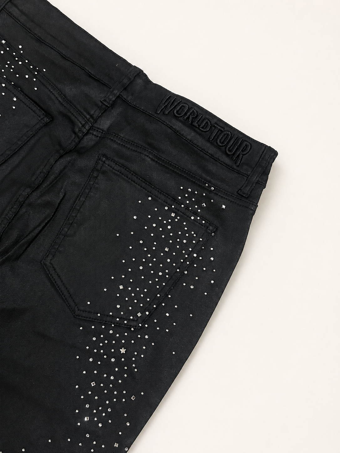 CRYSTAL EMBELLISHED WAXED SLIM FLARE DENIM PANT