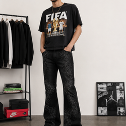 CRYSTAL EMBELLISHED WAXED SLIM FLARE DENIM PANT