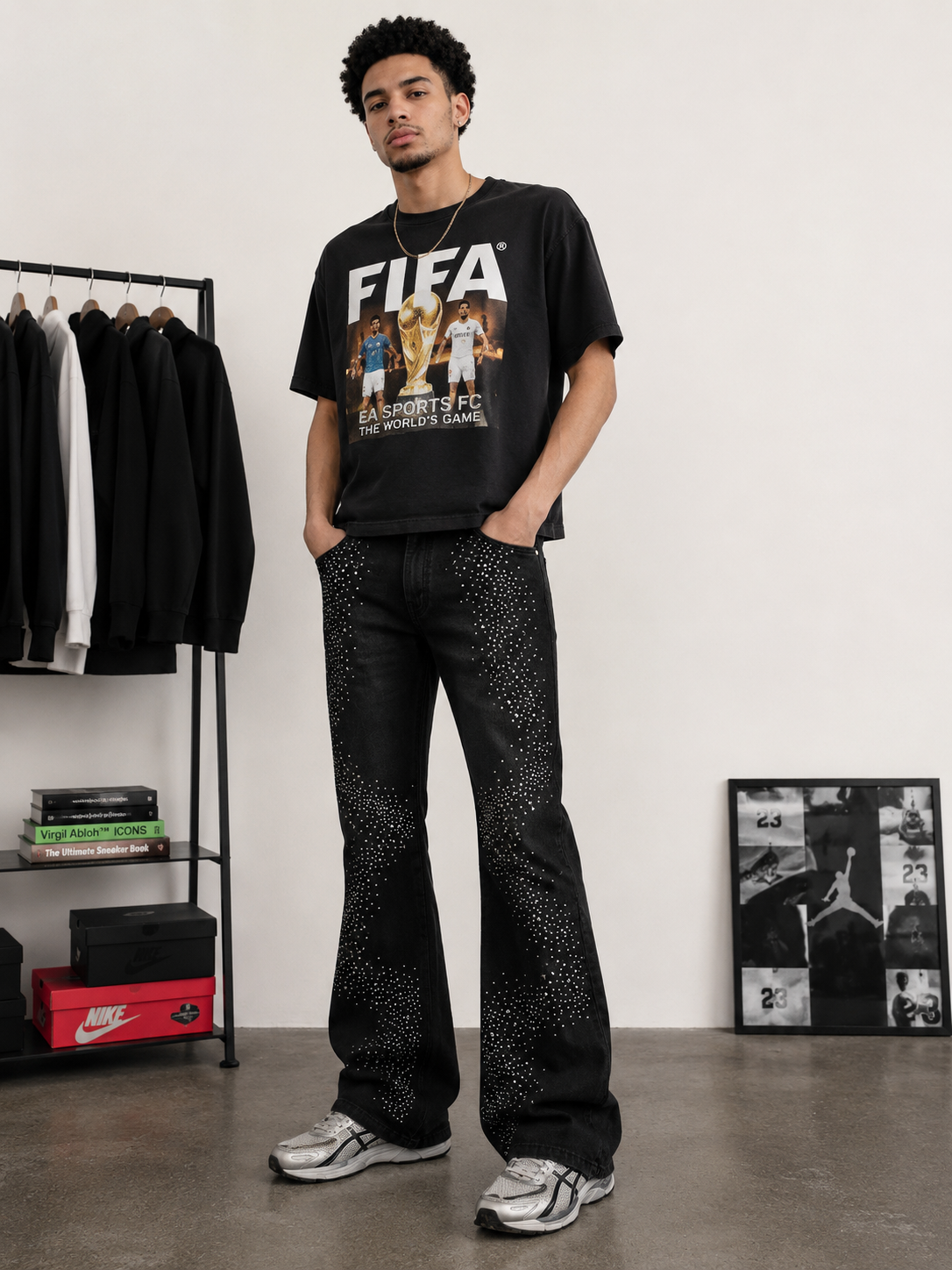 CRYSTAL EMBELLISHED WAXED SLIM FLARE DENIM PANT