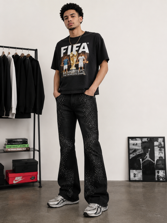 CRYSTAL EMBELLISHED WAXED SLIM FLARE DENIM PANT