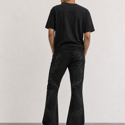 CRYSTAL EMBELLISHED WAXED SLIM FLARE DENIM PANT