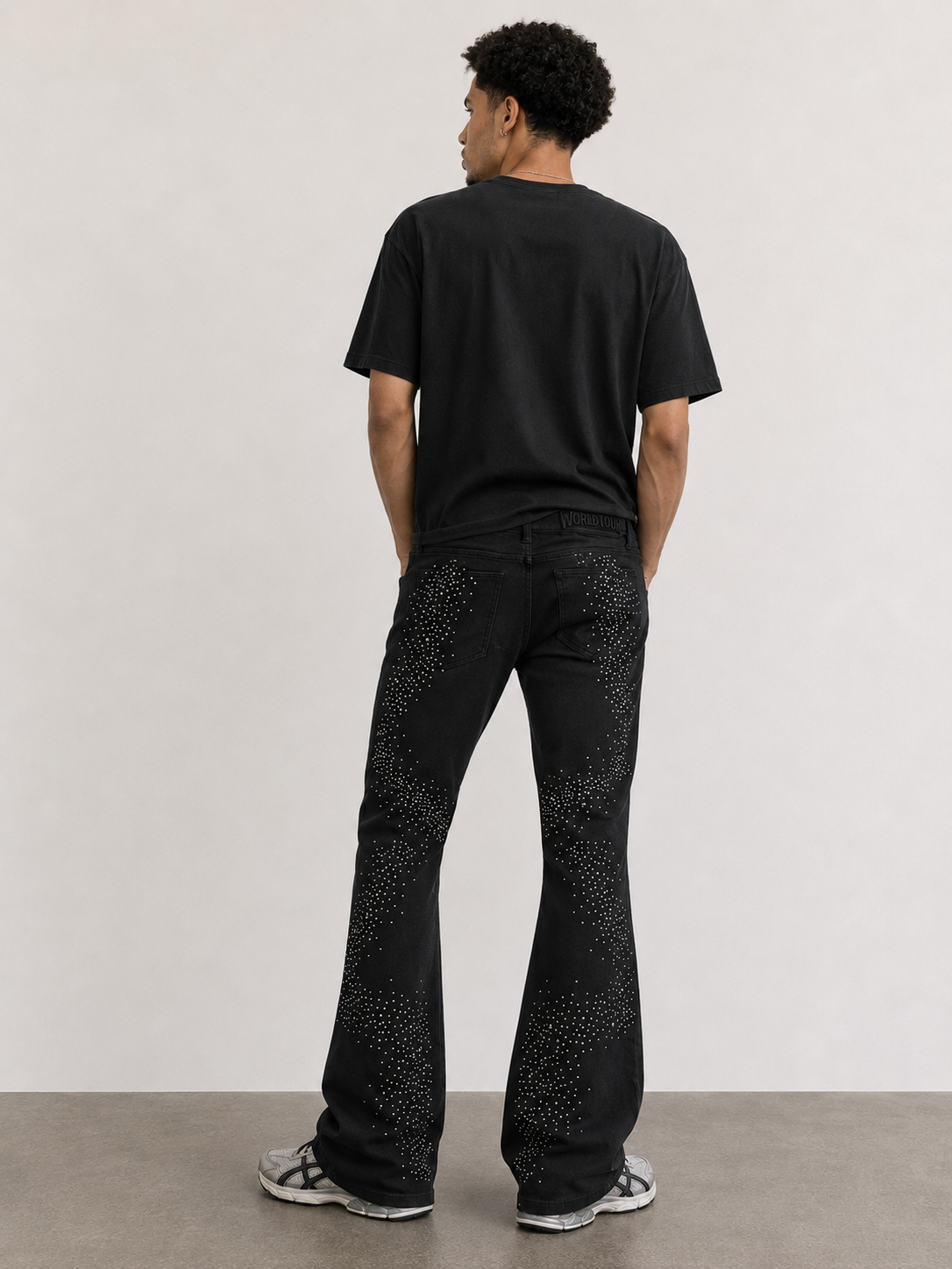 CRYSTAL EMBELLISHED WAXED SLIM FLARE DENIM PANT