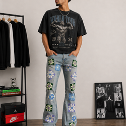 CHENNILE PATCHED SLIM FLARE DENIM PANT