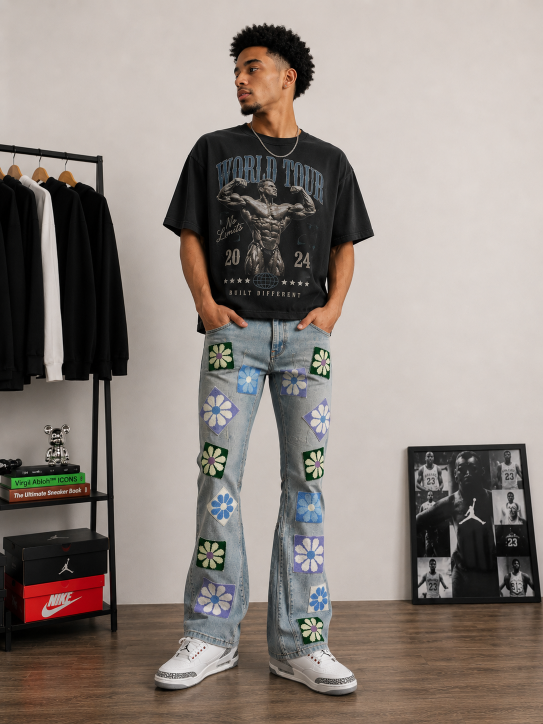 CHENNILE PATCHED SLIM FLARE DENIM PANT