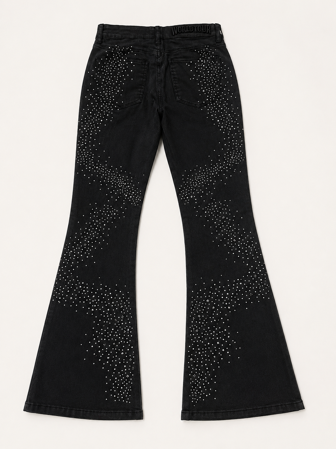 CRYSTAL EMBELLISHED WAXED SLIM FLARE DENIM PANT