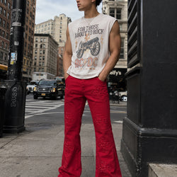 RED WAXED DENIM PU LOGO APPLIQUE SLIM FLARE PANT