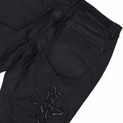 BLACK  WAXED DENIM PU LOGO APPLIQUE SLIM FLARE PANT