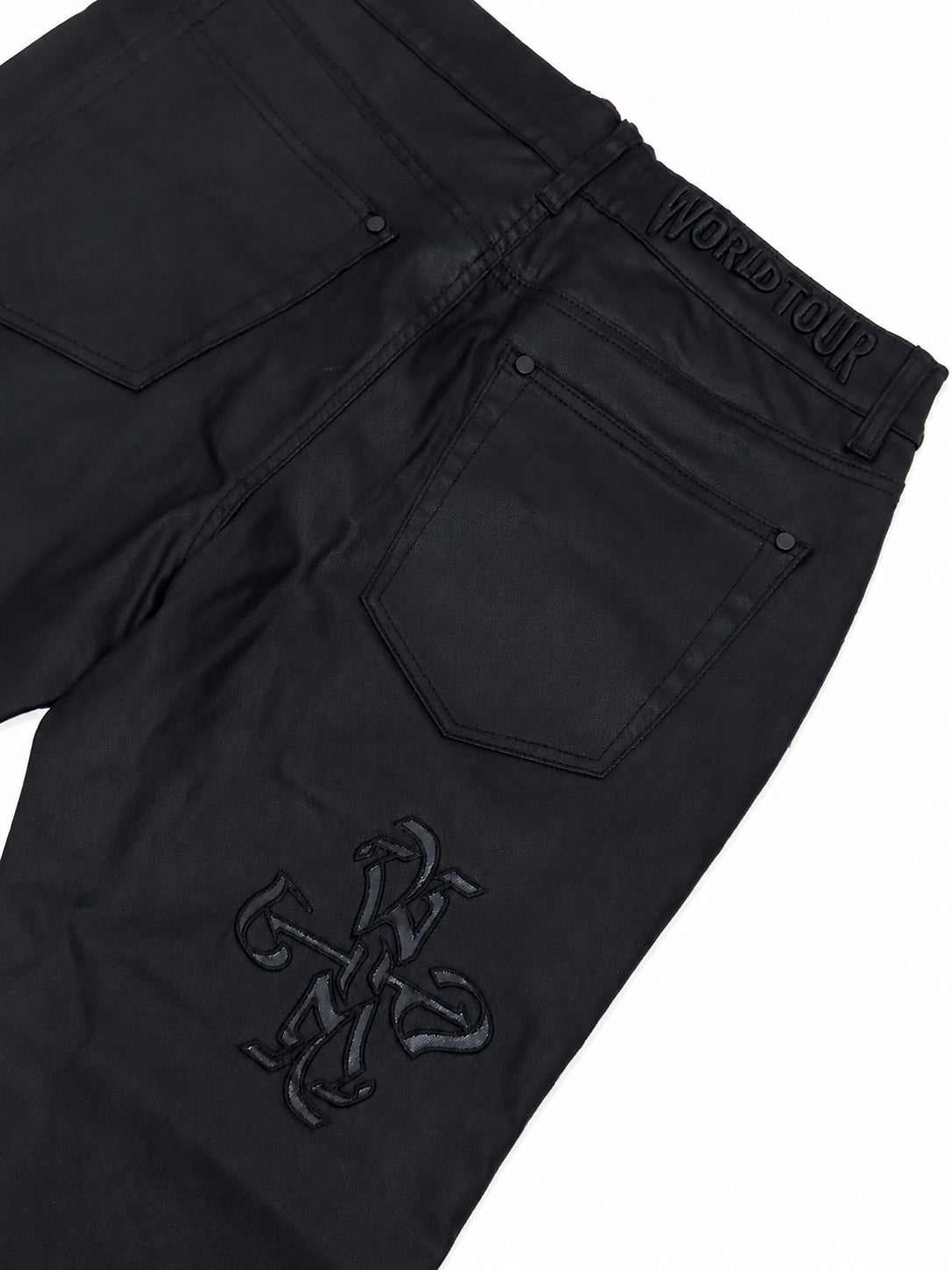 BLACK  WAXED DENIM PU LOGO APPLIQUE SLIM FLARE PANT