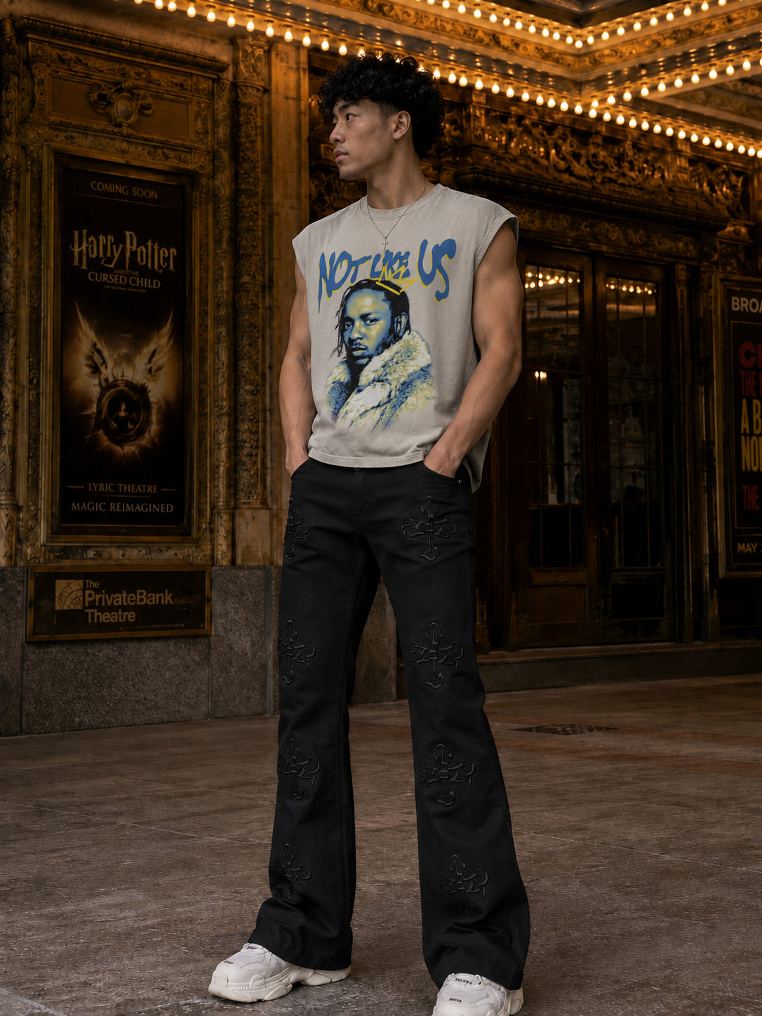BLACK  WAXED DENIM PU LOGO APPLIQUE SLIM FLARE PANT