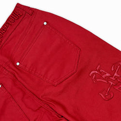 RED WAXED DENIM PU LOGO APPLIQUE SLIM FLARE PANT