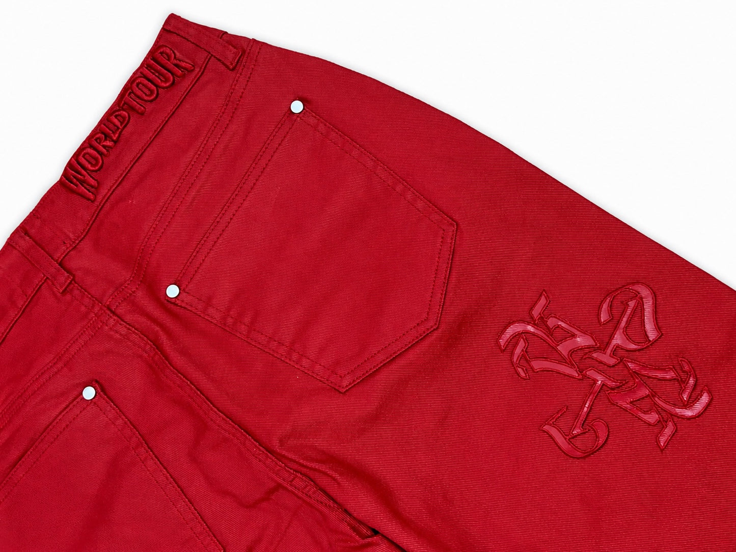 RED WAXED DENIM PU LOGO APPLIQUE SLIM FLARE PANT