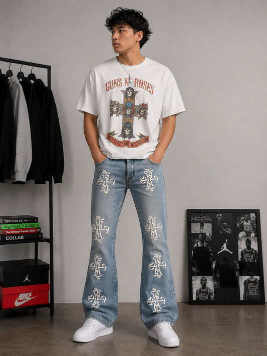 PU LOGO APPLIQUE SLIM FLARE DENIM PANT