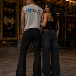 BLACK  WAXED DENIM PU LOGO APPLIQUE SLIM FLARE PANT