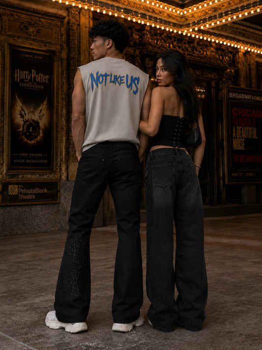 BLACK  WAXED DENIM PU LOGO APPLIQUE SLIM FLARE PANT