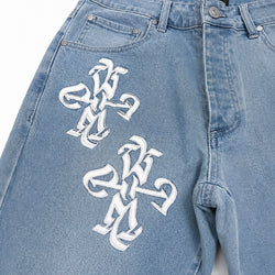 PU LOGO APPLIQUE SLIM FLARE DENIM PANT