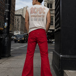 RED WAXED DENIM PU LOGO APPLIQUE SLIM FLARE PANT