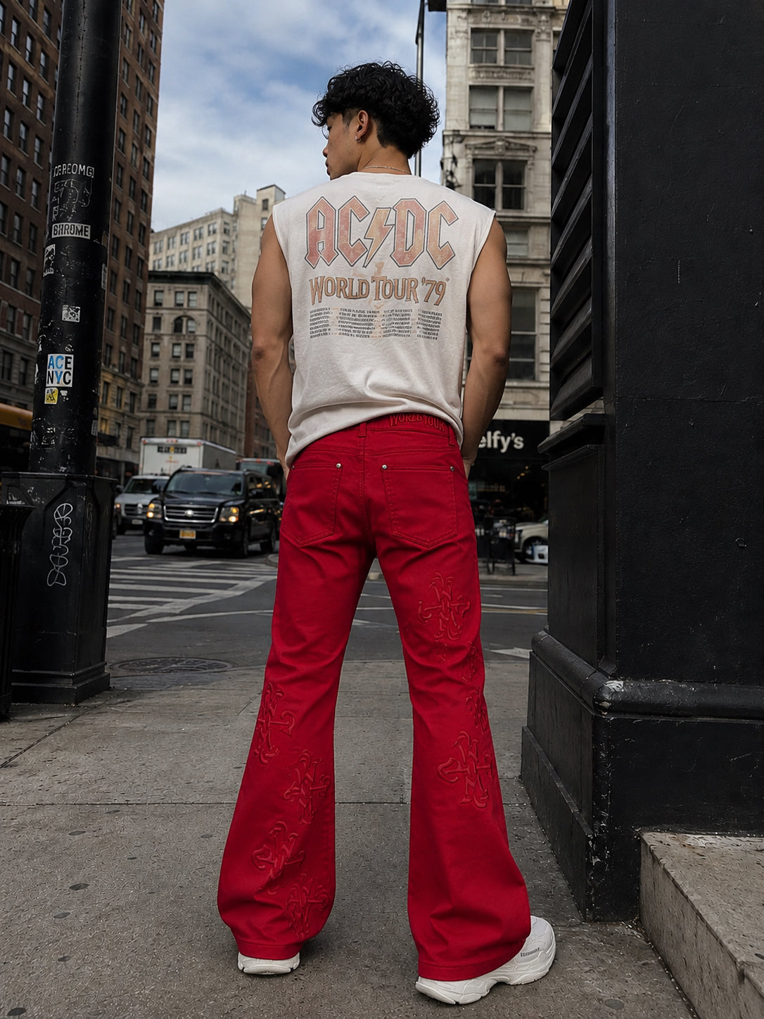 RED WAXED DENIM PU LOGO APPLIQUE SLIM FLARE PANT