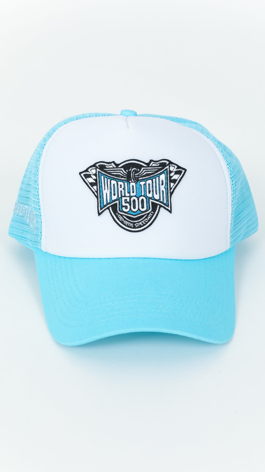 Neon Blue Racing Patch Trucker Hat