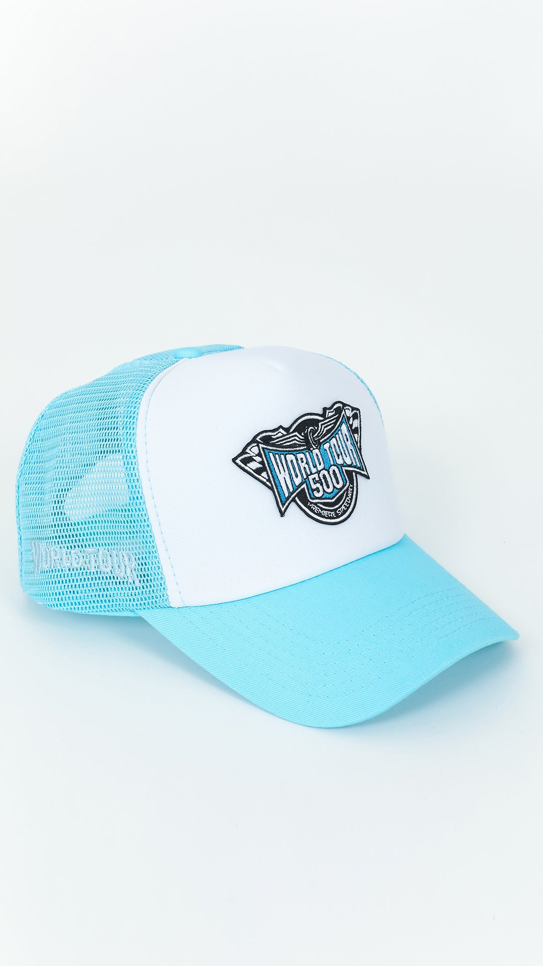 Neon Blue Racing Patch Trucker Hat